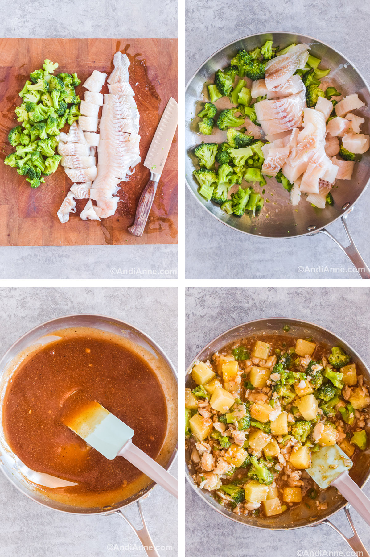 Four images showing steps to find recipe including chopped broccoli and fish fillets on counter with a knife. A frying pan with raw fish and broccoli. A pan with brown sweet and sour sauce. And a pan with pineapple chunks, broccoli, and fish in brown sauce.