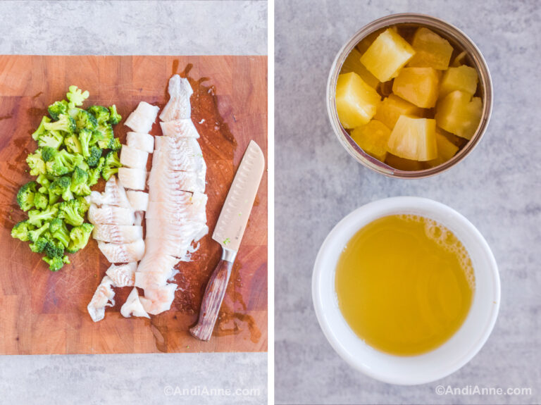 Two images together. First is chopped broccoli and fish with a knife on a cutting board. Second is a bowl of pineapple juice and a can of pineapple chunks.