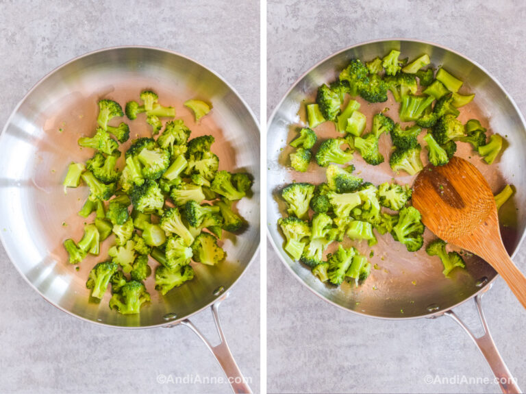 Two images of a frying pan with small chopped broccoli pieces and a spatula.
