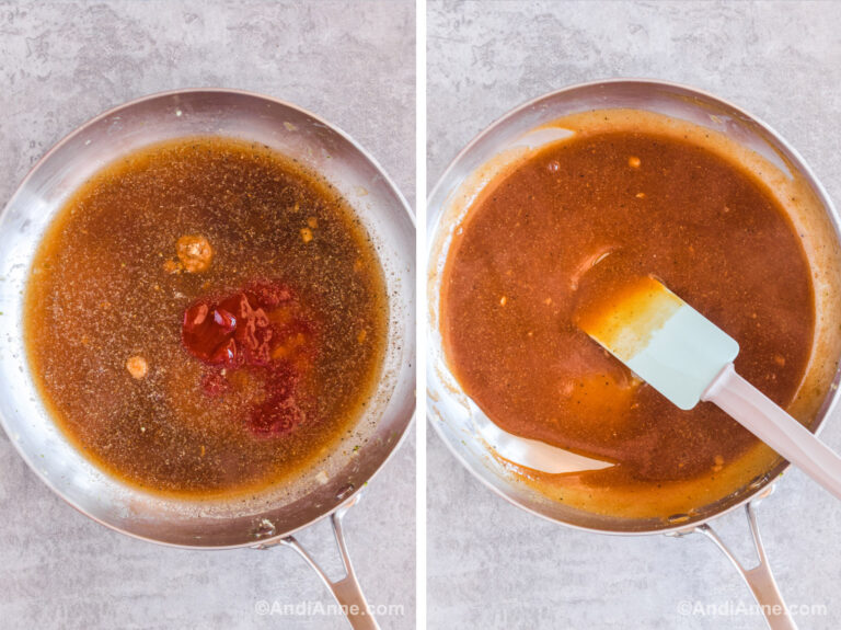Two images of a frying pan. First is various brown liquids dumped in to pan. Second is thickened brown sauce with a spatula in pan.