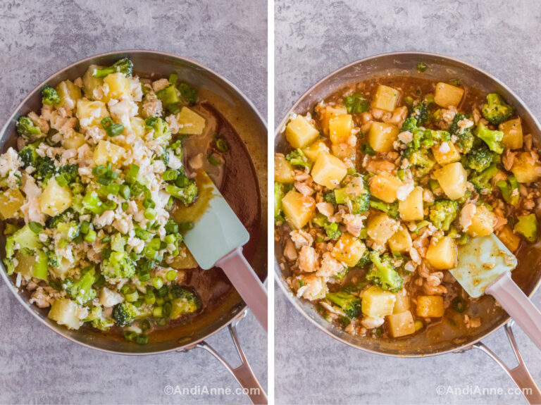 Two images of the recipe. First is cooked ingredients dumped overtop of sweet and sour sauce. Second is fish chunks, pineapple, broccoli and green onion mixed with the sauce.