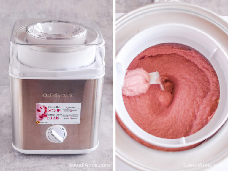 Two images together. First is a silver and white ice cream maker. Second is looking into the bottom of the ice cream maker with pink ice cream inside.