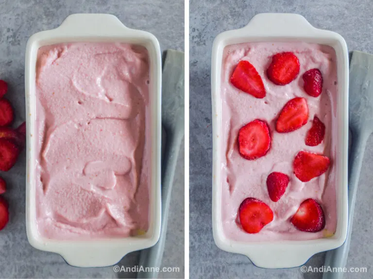 Two images together. First is a white square dish with pink ice cream inside. Second is sliced strawberries arranged overtop of ice cream.