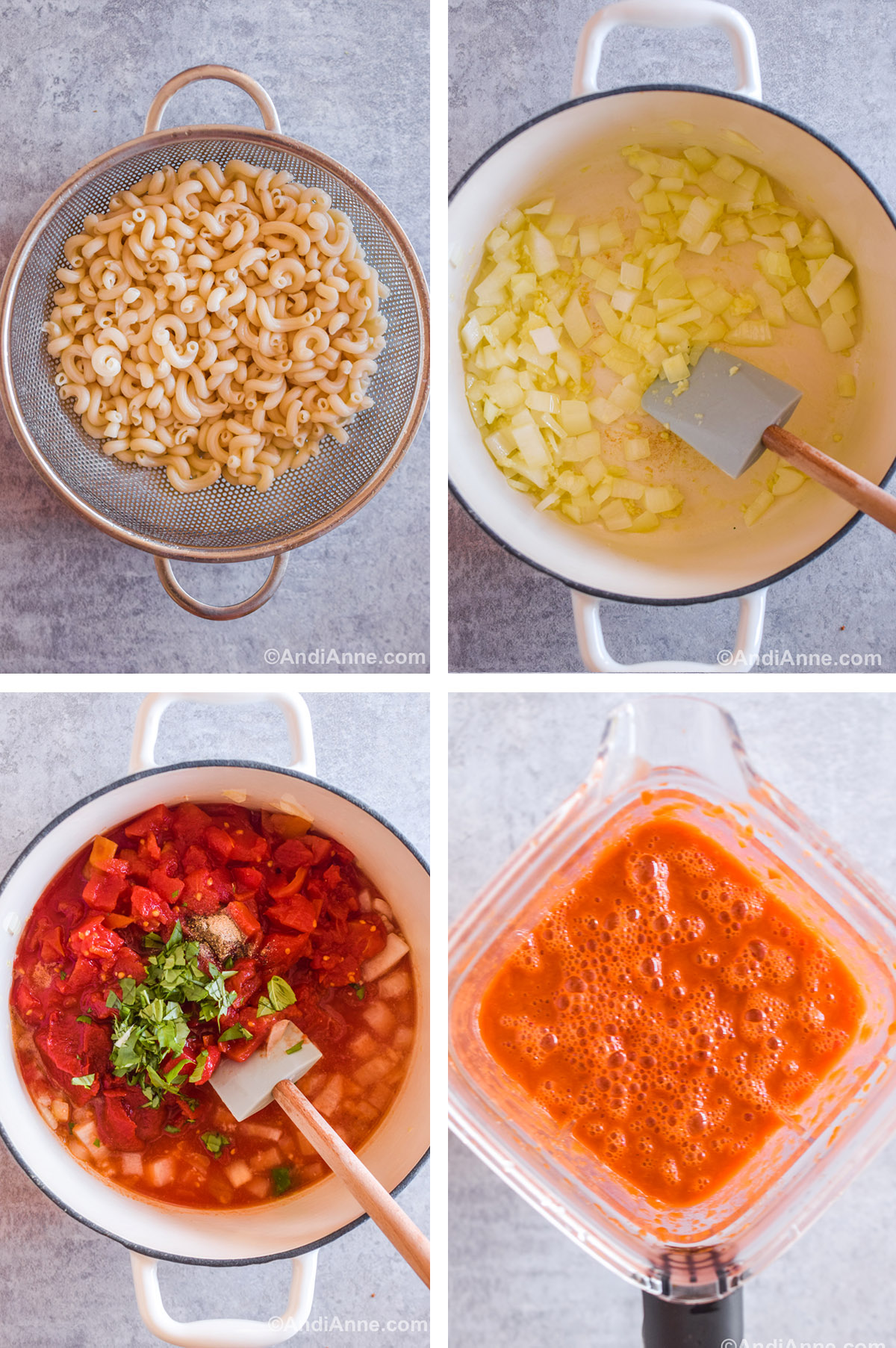 Four images showing steps to make the recipe including strainer with cooked pasta, a pot of cooked onions and spatula, a pot with diced tomatoes, onion and chopped basil in liquid, and a blender with red tomato soup liquid inside.