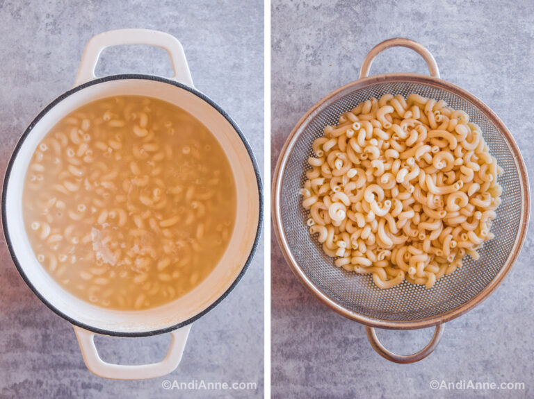Two images: first is pot with water and pasta noodles. Second is cooked noodles in a strainer.