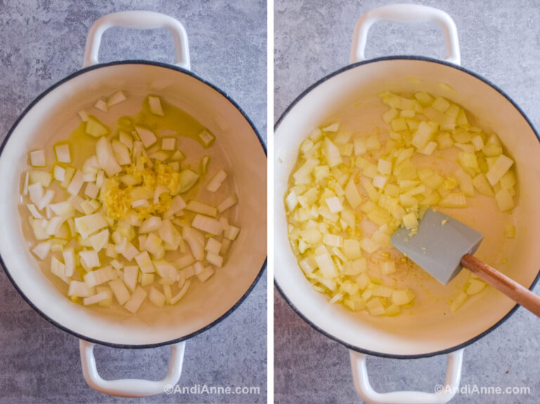 Two images of a white pot with chopped onions and garlic and a spatula.