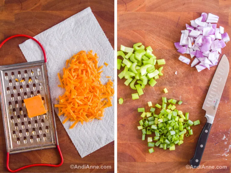 Two images: First is shredded cheese beside cheese grater. Second is piles of chopped green onion, celery and red onion with a knife.