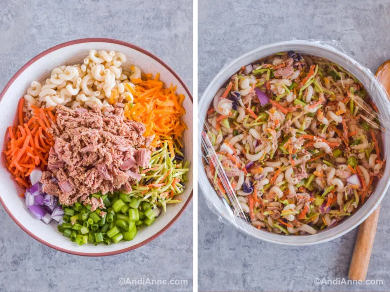 Two images: First is a large bowl with sections of pasta, tuna, carrots, celery and coleslaw. Second image is all salad ingredients mixed together in the large bowl.