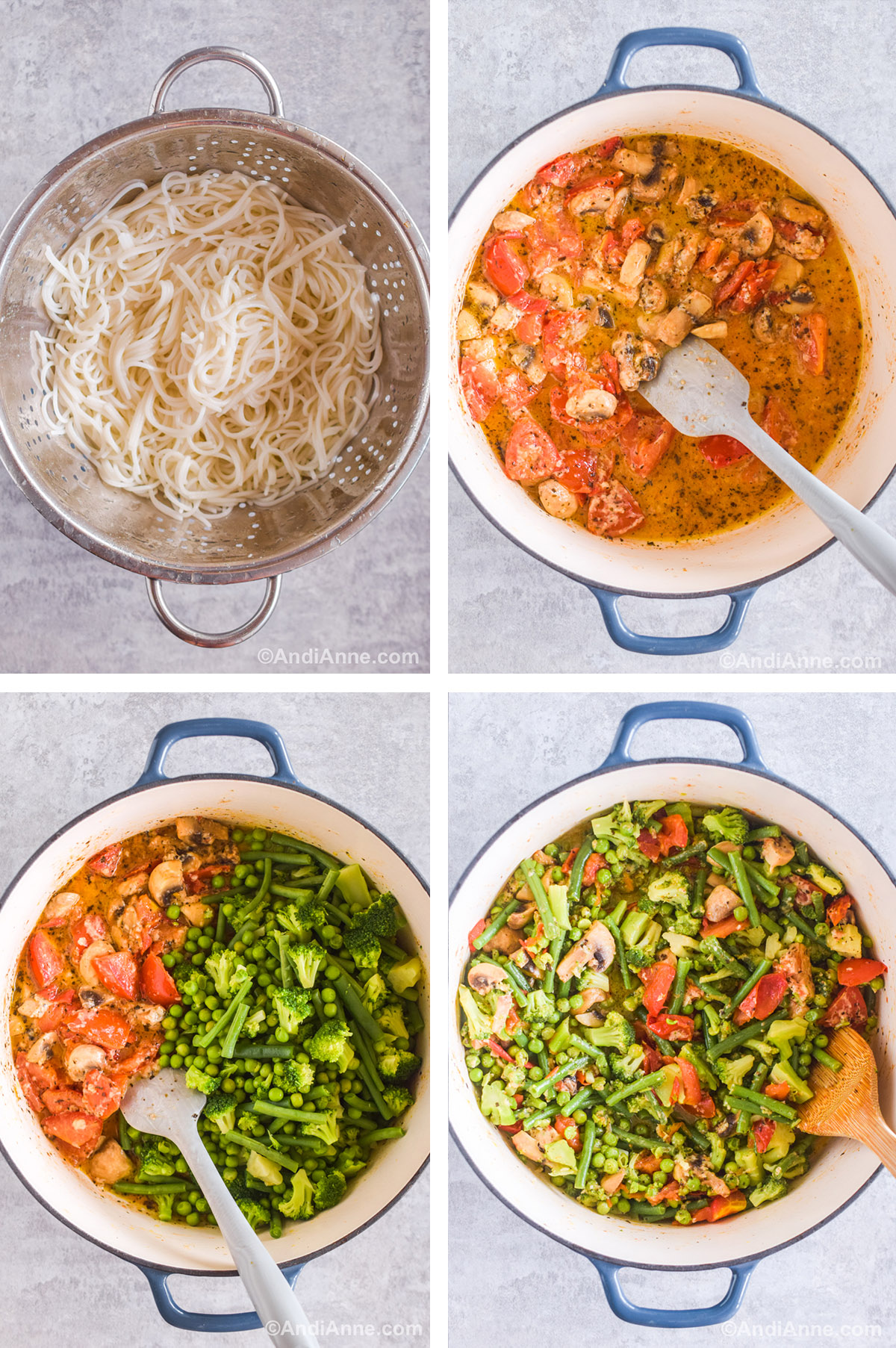 Four images showing steps to make recipe including a metal strainer with cooked spaghetti noodles, cooked mushrooms and tomatoes in sauce in a dutch oven, A pot divided in half with green vegetables and the cooke tomato mushrooms in sauce. And a pot with a green vegetables, tomatoes and mushrooms all mixed together.