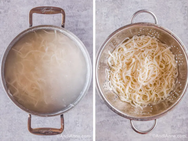 Two images: first is cooked pasta noodles in a pot with water. Second is cooked spaghetti noodles in a strainer.