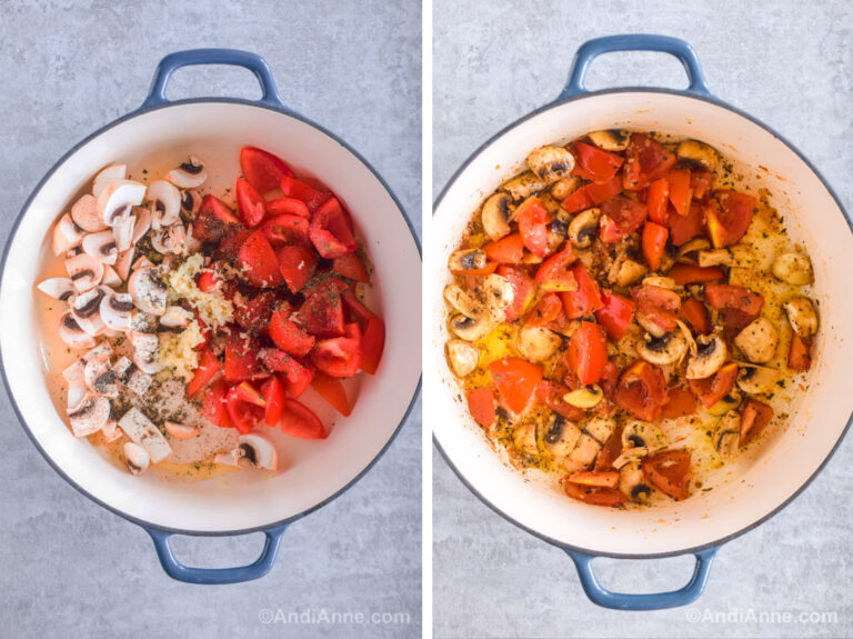 Two images of a dutch oven pot. First has chopped mushrooms, chopped tomatoes and spices. Second has pot with cooked ingredients mixed together.