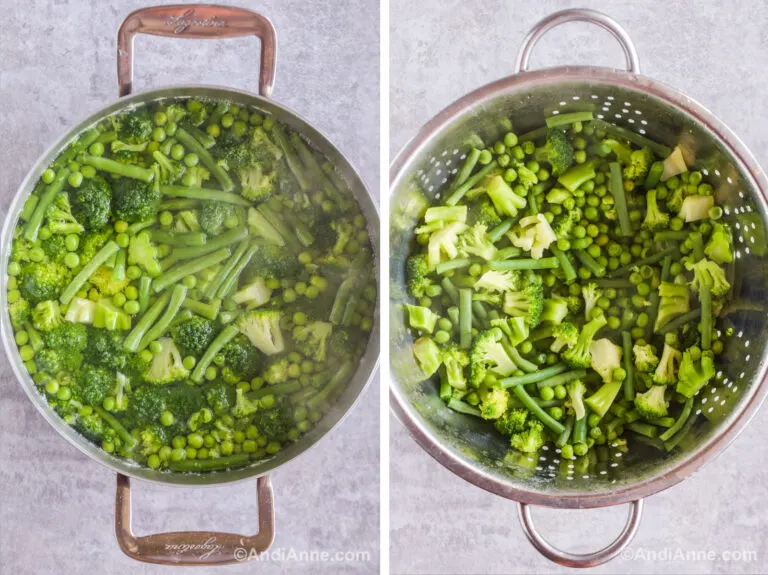 Two images. First is a steel pot with water and green veggies. Second is cooked chopped green veggies in a strainer.