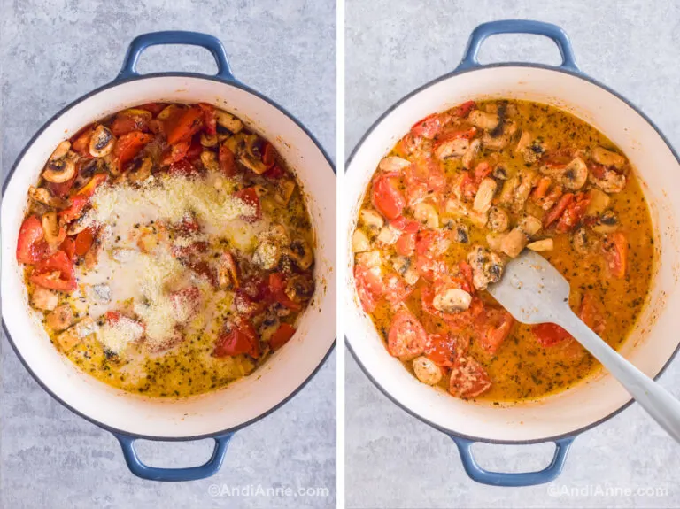 Two images of a white pot, first is tomato mushroom mixture with grated parmesan sprinkled overtop. Second is cooked mushrooms and tomatoes in a creamy sauce.