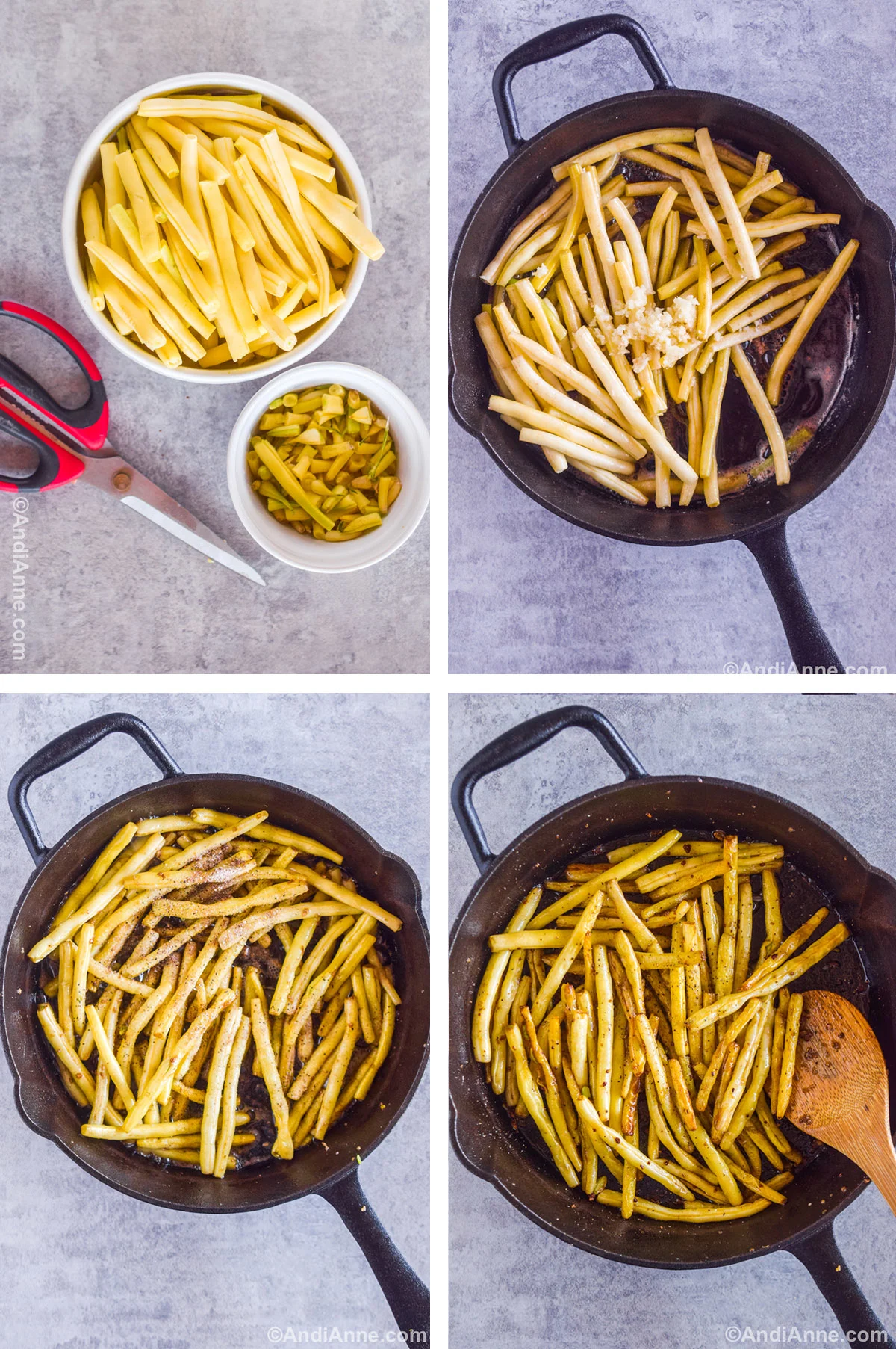 Four images showing various steps to make recipe. First is a bowl of yellow beans, bowl of trimmed edges and a pair of scissors. Second is a black skillet with raw yellow beans and minced garlic dumped on top. Third image is cooking beans with salt and pepper dumped on top. Fourth is cooked yellow beans with golden brown edges and a wood spoon in the black skillet.