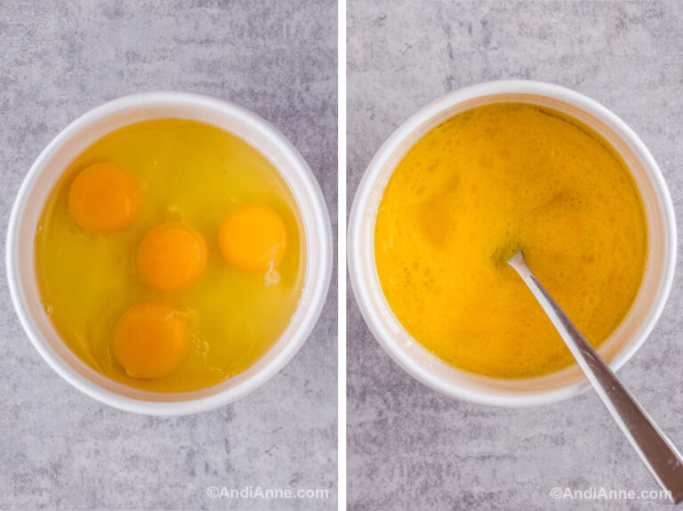 Two images of a white bowl. First has four eggs and oil dumped in. Second has them mixed together with fork inside.