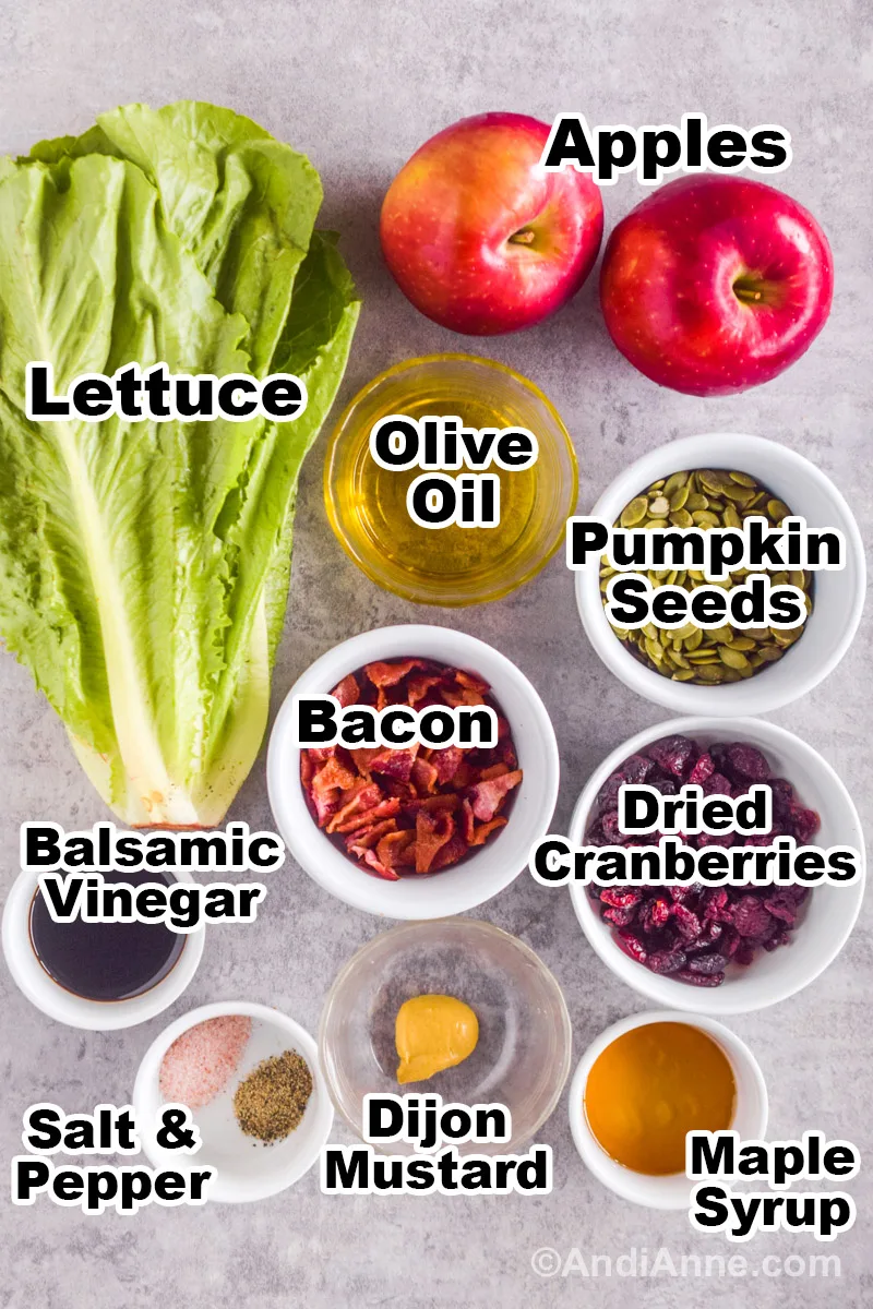 Recipe ingredients on the counter including a head of romaine lettuce, and bowls of olive oil, pumpkin seeds, chopped cooked bacon, dried cranberries, dijon mustard and maple syrup.