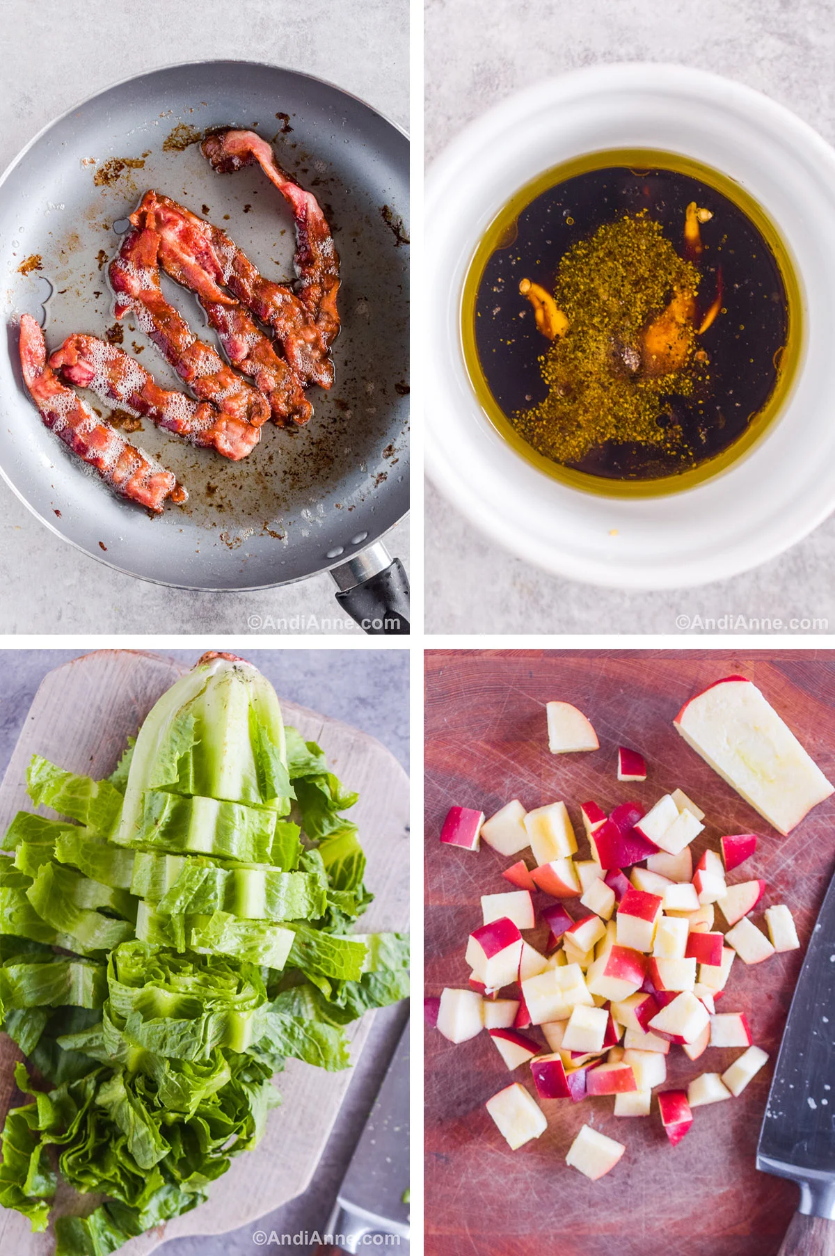 Four images grouped together showing steps to make the recipe. First is a frying pan with cooked bacon strips. Second is a bowl with various liquids and spices unmixed that are used to make the salad dressing. Third is chopped head of romaine lettuce on a cutting board. Fourth is chopped apple with a knife on a cutting board.