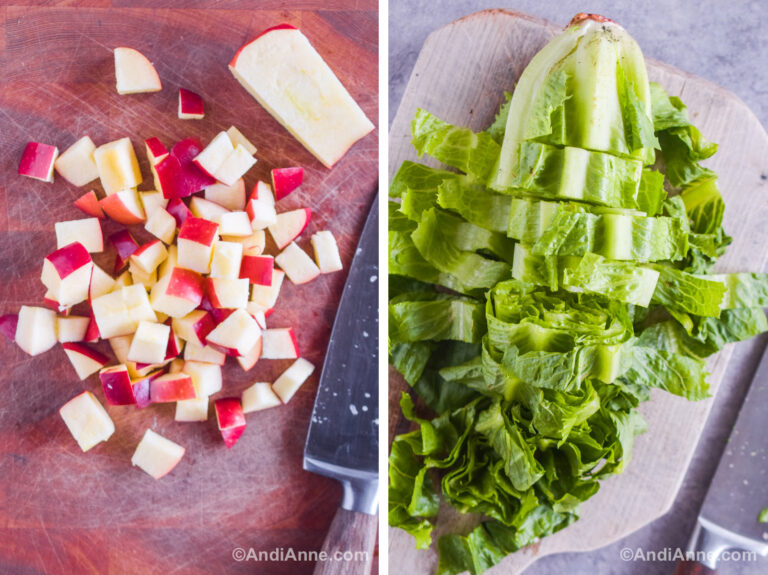 Chopped apples and chopped romaine lettuce on cutting boards with knifes.