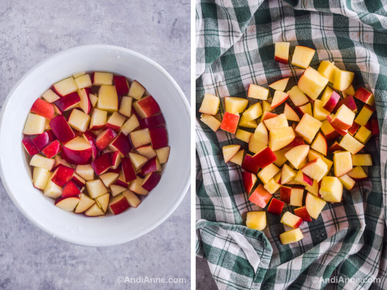 Two images. First is apples covered in water in a bowl. Second is chopped apples drying on a kitchen towel.