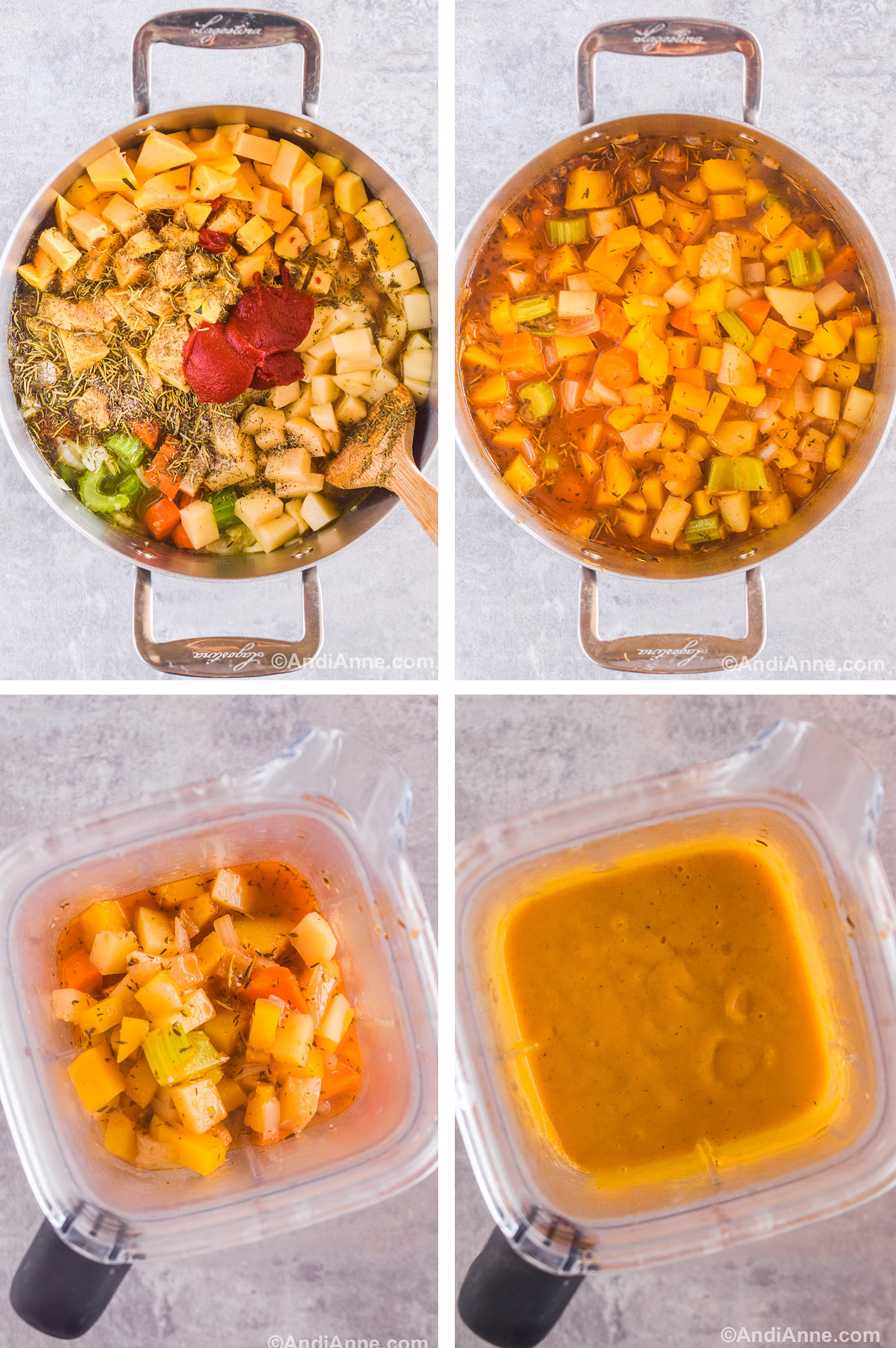 Four images showing steps to make the recipe. First is various vegetables and squash dumped in a pot with spices and tomato paste poured on top. Second is cooked squash and vegetables in liquid. Third is cooked vegetables in a blender cup. Fourth image is pureed orange colored soup. 