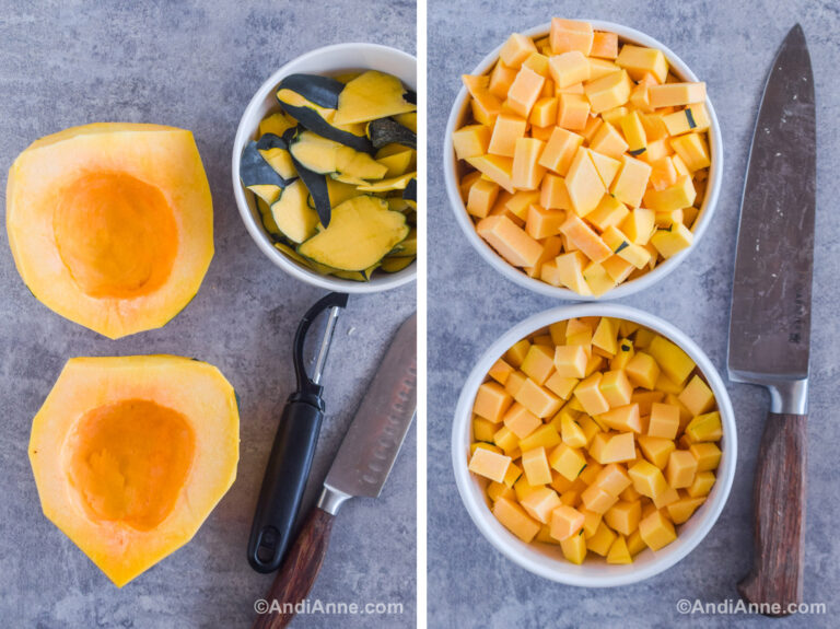 Two images together. First is acorn squash in half, peeled and seeds scooped out with a bowl of the skin, a vegetable peeler and a knife. Second is two white bowls with chopped squash and a knife.