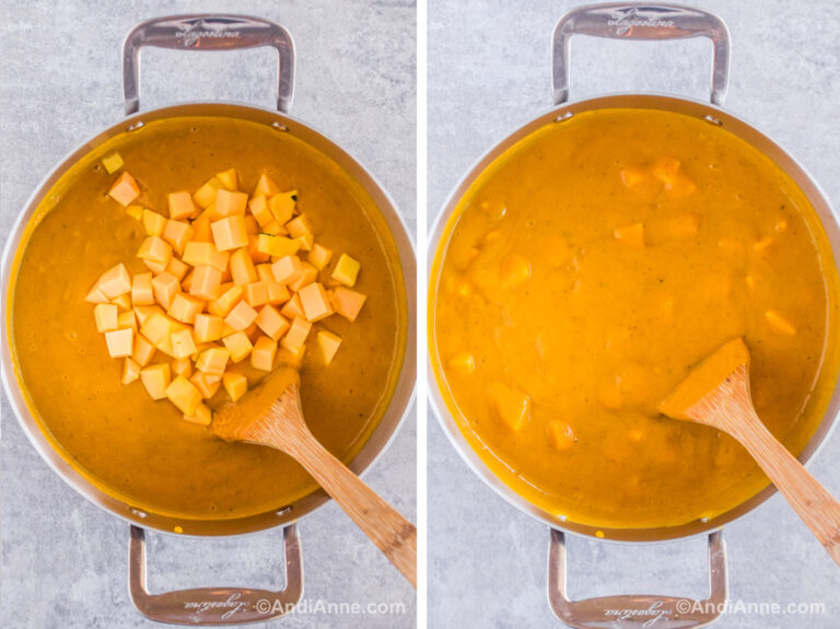 Two images of a steel pot with pureed squash soup. First with chopped squash dumped on top. Second with squash stirred into soup.