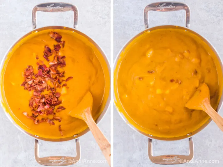 Two images of pureed squash soup in steel pot. First with bacon dumped on top. Second with bacon stirred into soup and a wood spatula.