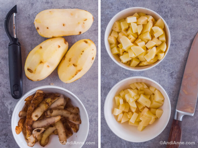 Two images. First is peeled russet potatoes with a bowl of the skins and a vegetable peeler. Second is two white bowls with chopped potatoes and a knife.