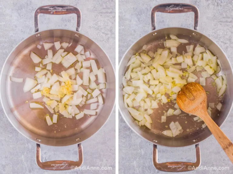 Two images of a large steel pot. First raw onion and garlic inside. Second is cooked onion and garlic with a wood spoon.