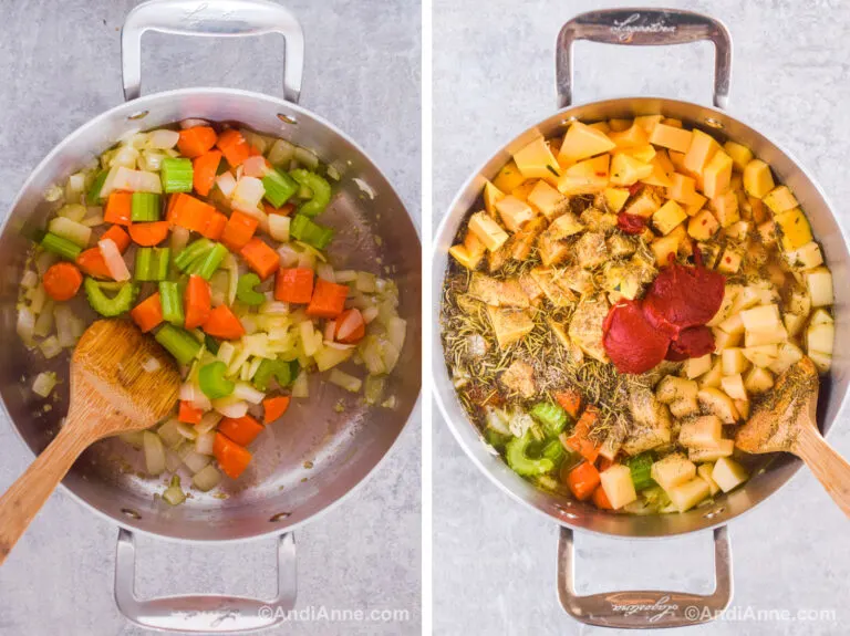 Two images of a steel pot. First is chopped carrots, celery and onion inside. Second is chopped squash, spices and tomato paste on top.