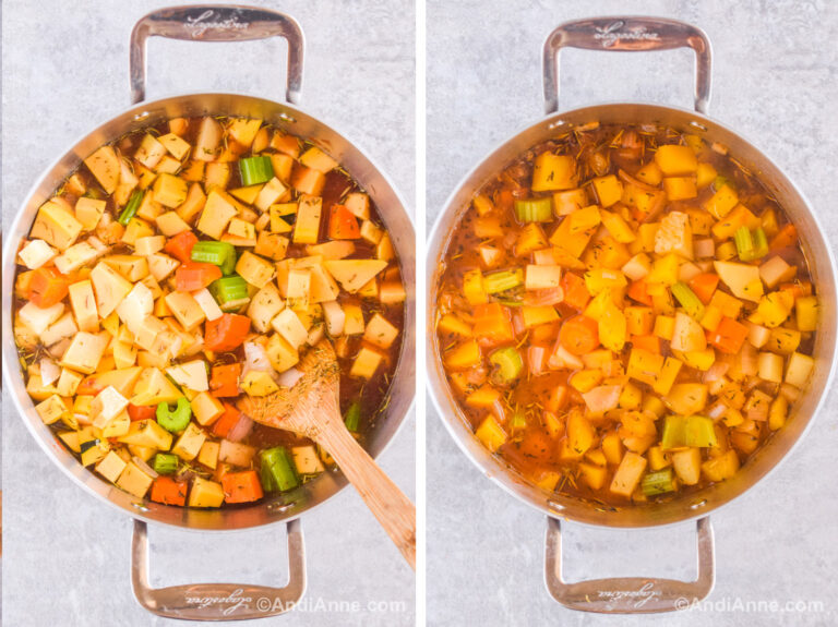 Two images of a large steel pot. First is various chopped vegetables inside with a wood spoon. Second is chopped vegetables in a broth liquid.