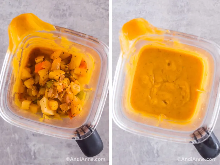 Two images. Looking down into a blender, first with cooked chopped vegetables. Second is orange pureed soup.
