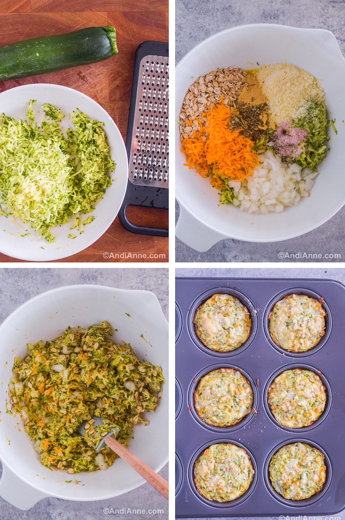 Four images showing steps to make the recipe. First is a white bowl with shredded zucchini and a cheese grater. Second is a bowl with chopped onion, parmesan, cheese, zucchini, oats and spices dumped in. Third image is the zucchini bite batter in a large bowl with a spatula. Fourth image is a muffin pan with zucchini bites baked inside.