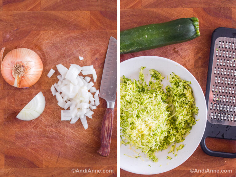Two images of a cutting board. First with chopped yellow onion and a knife. Second with a bowl of shredded zucchini, a grater and a zucchini beside it.
