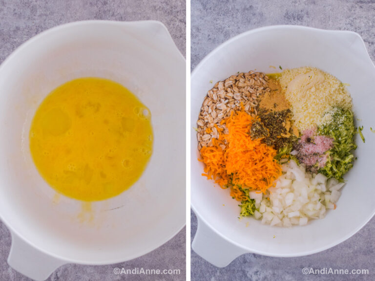Two images of a white bowl. First with beaten eggs inside. Second with all ingredients for recipe dumped in.