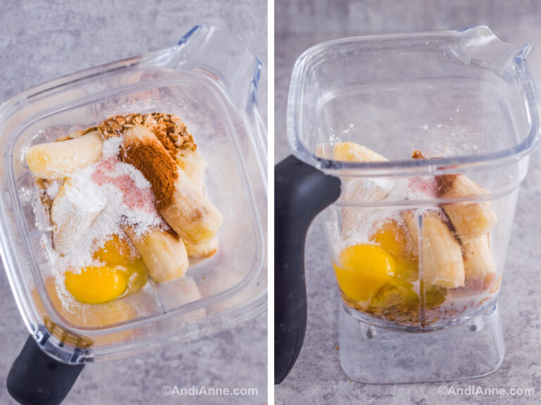 two images of a blender with eggs, bananas, milk, and oat ingredients inside.