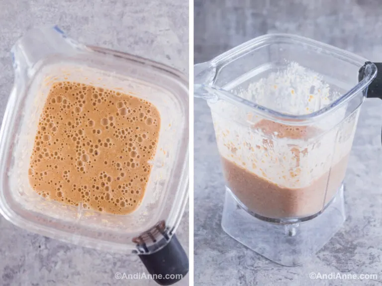 Two images of a blender cup with oatmeal banana pancake batter inside.