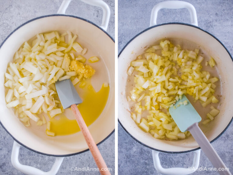 Two images of a pot with chopped onion and garlic.