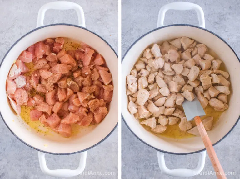 Two images of a pot, first with raw chicken, second with cooked chicken.