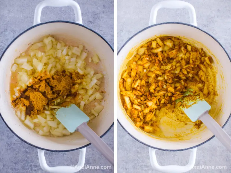 Two images grouped together. First is cooked onion with turmeric powder. Second is onion and turmeric mixed together in pot.