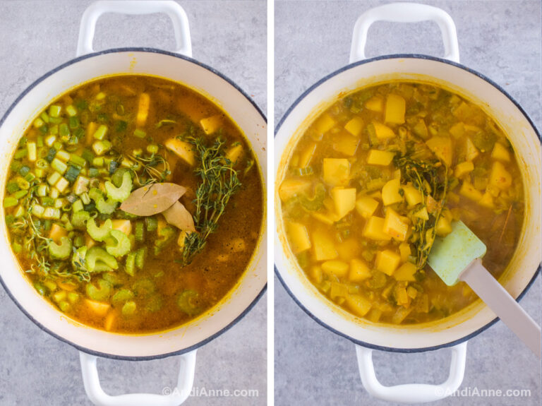 Two images of a large pot with soup liquid, chopped vegetables and thyme.