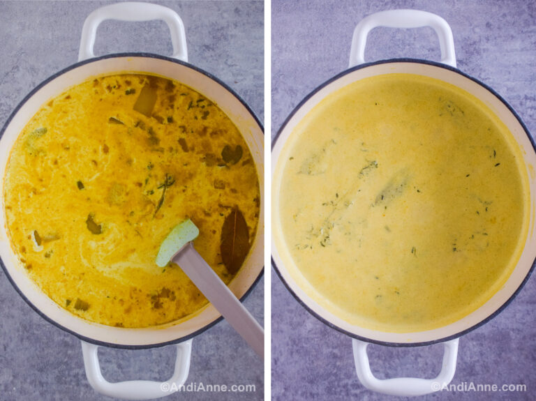 Two images of a large pot with a creamy soup base.