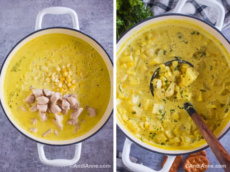 Two images of a creamy yellow soup with chopped chicken, corn and celery.