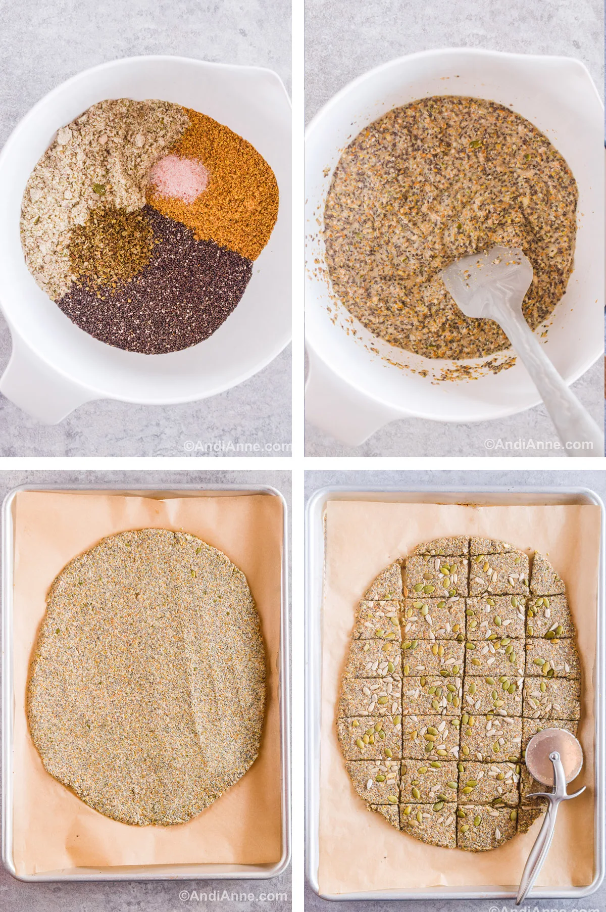 Four images grouped together including a large white bowl with seeds and spices dumped in. Second is white bowl with cracker batter and a silicone spatula. Third is batter smoothed out onto parchment paper on a baking sheet. Fourth is baked crackers sliced into squares on baking sheet with a pizza cutter.