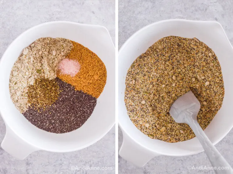 Two images of a white bowl. First is ground pumpkin seeds, ground flaxseed, salt, and chia seeds. Second is dry ingredients mixed together in the bowl with a spatula.