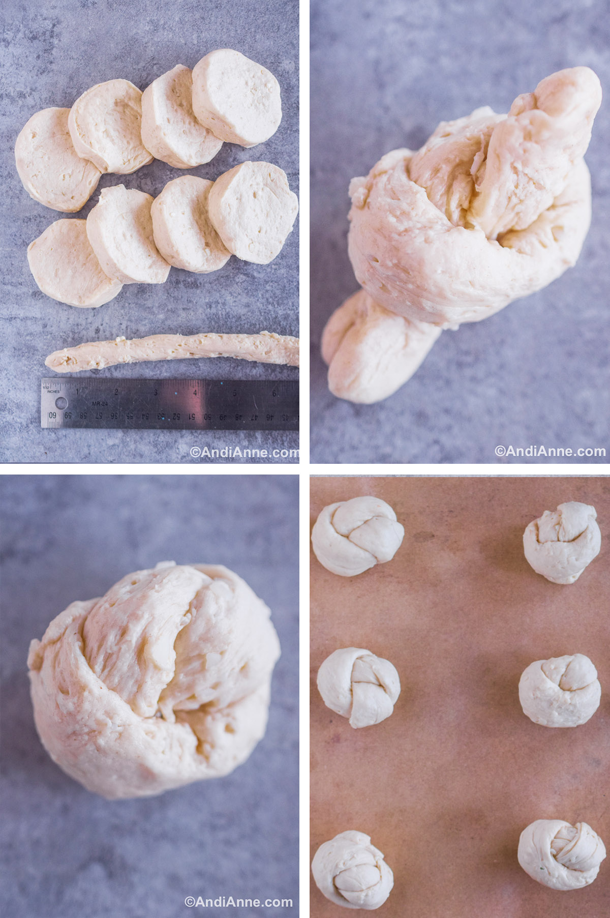 Four images together including sliced dough and a ruler. Second image is dough tied into a knot. Third image is knot with edges tucked under to form an round ball. Fourth is uncooked round knots on a baking sheet.