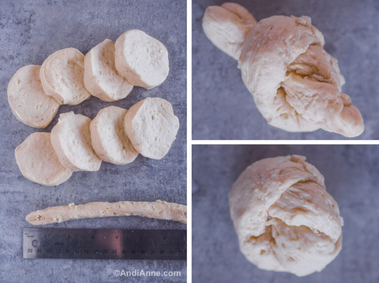 Three images of raw biscuit dough. First is rounds of the dough with a ruler beside. Second is dough tied into a knot. Third is dough ends wrapped so it forms a round ball.