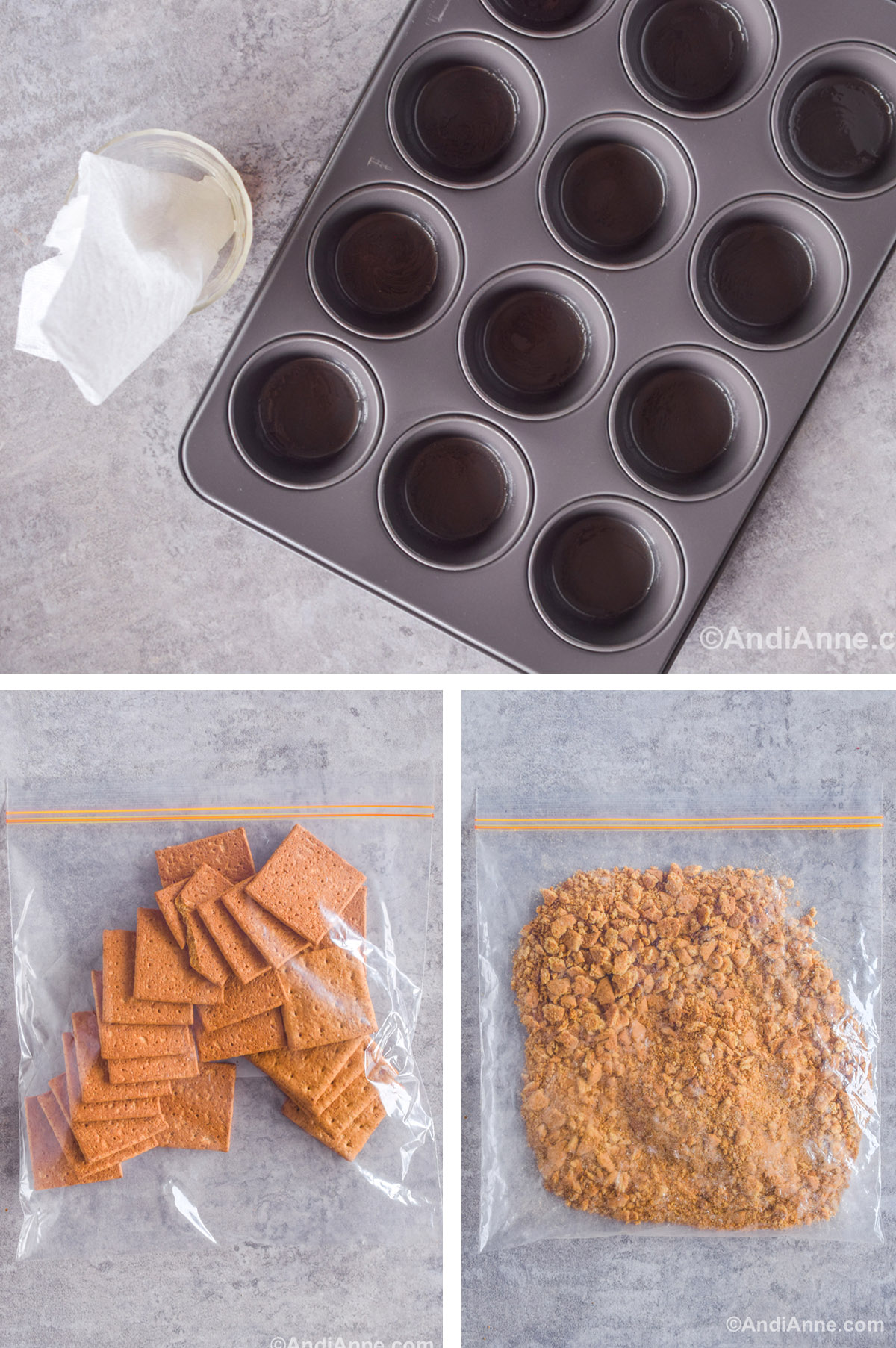 Three images grouped together. First is muffin pan, second is bag of graham crackers, third is graham cracker crumbs in bag. 