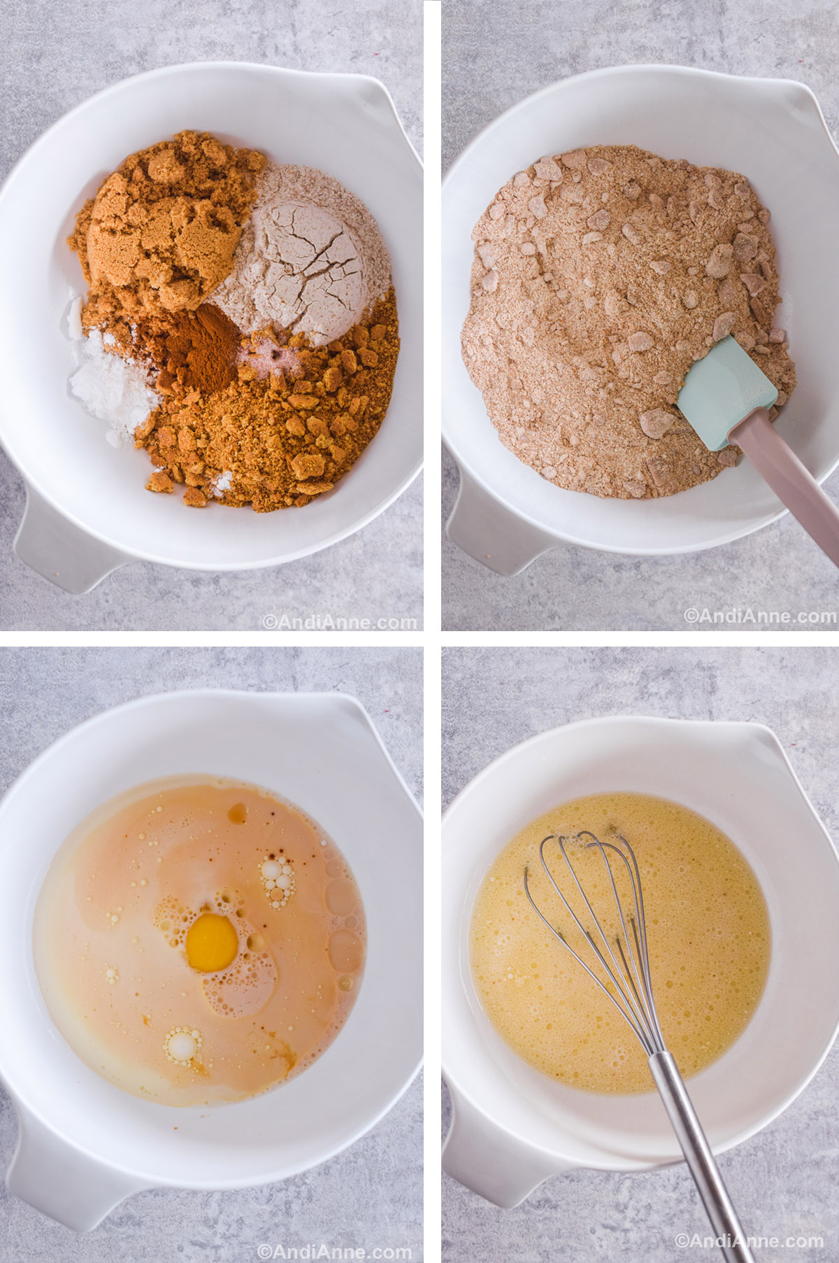Four images grouped together. First two are bowls of drying ingredients first unmixed then mixed. Last two are wet ingredients, first unmixed and then mixed. 