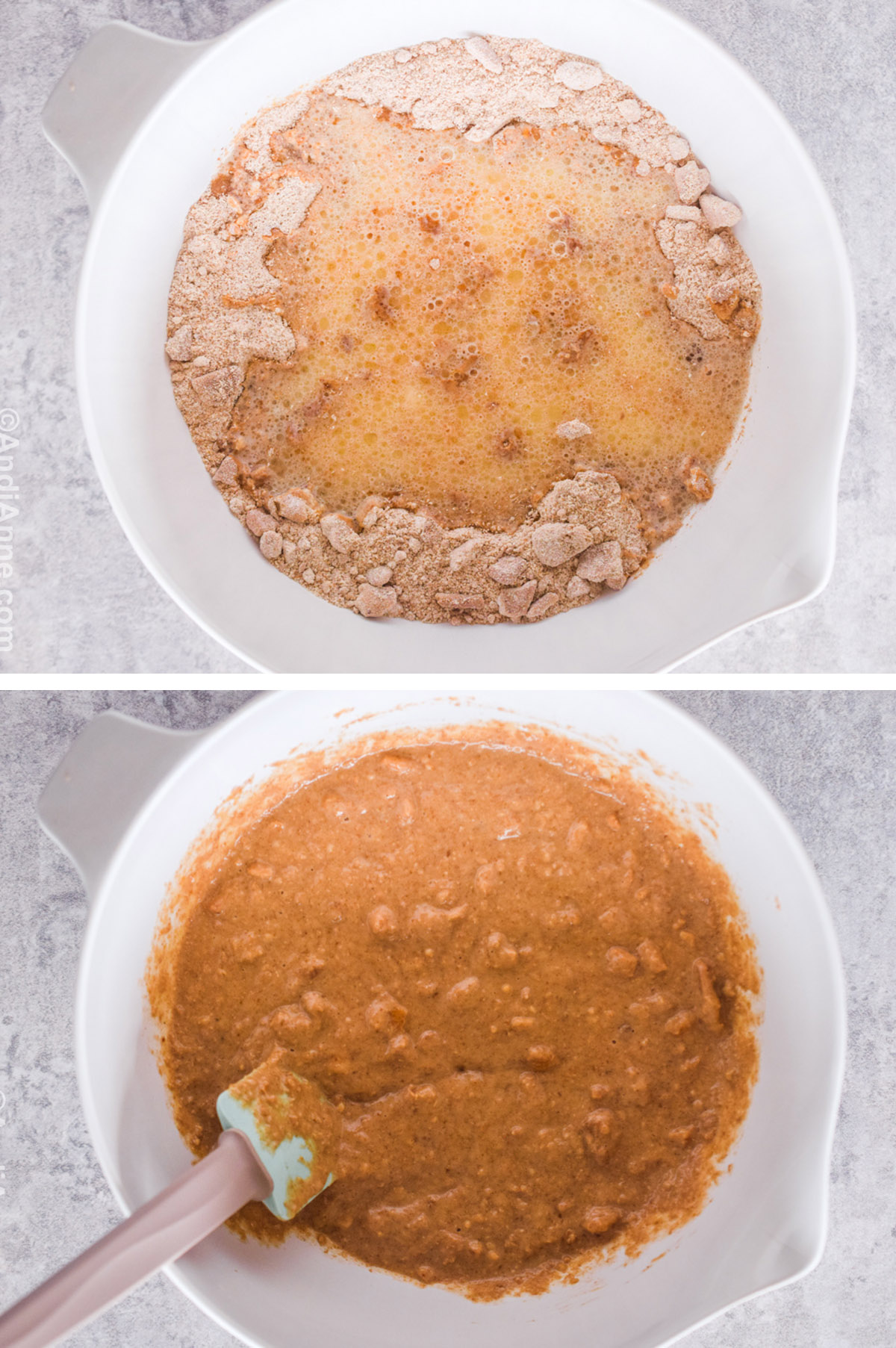 Two images of a muffin batter in a bowl, first one is unmixed, second is mixed.